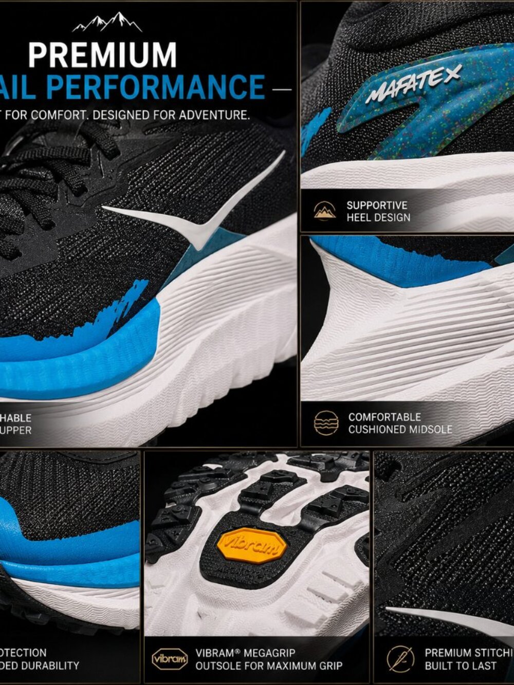 HOKA Mafate X Black Blue Vibram Trail Running Shoes - Picture 3 of 16